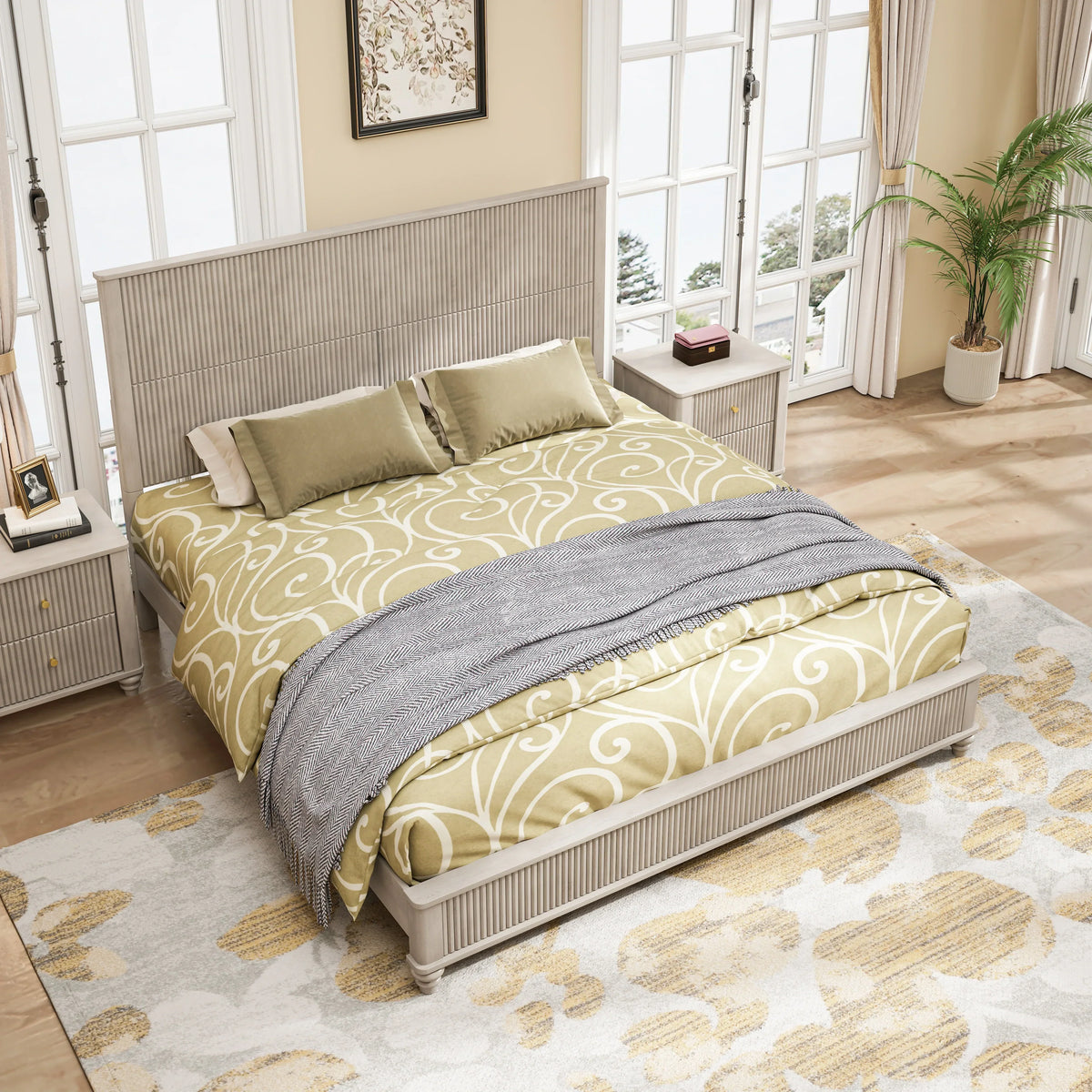 Modern Beige Solid Wood King Bed and 2 Nightstands Set